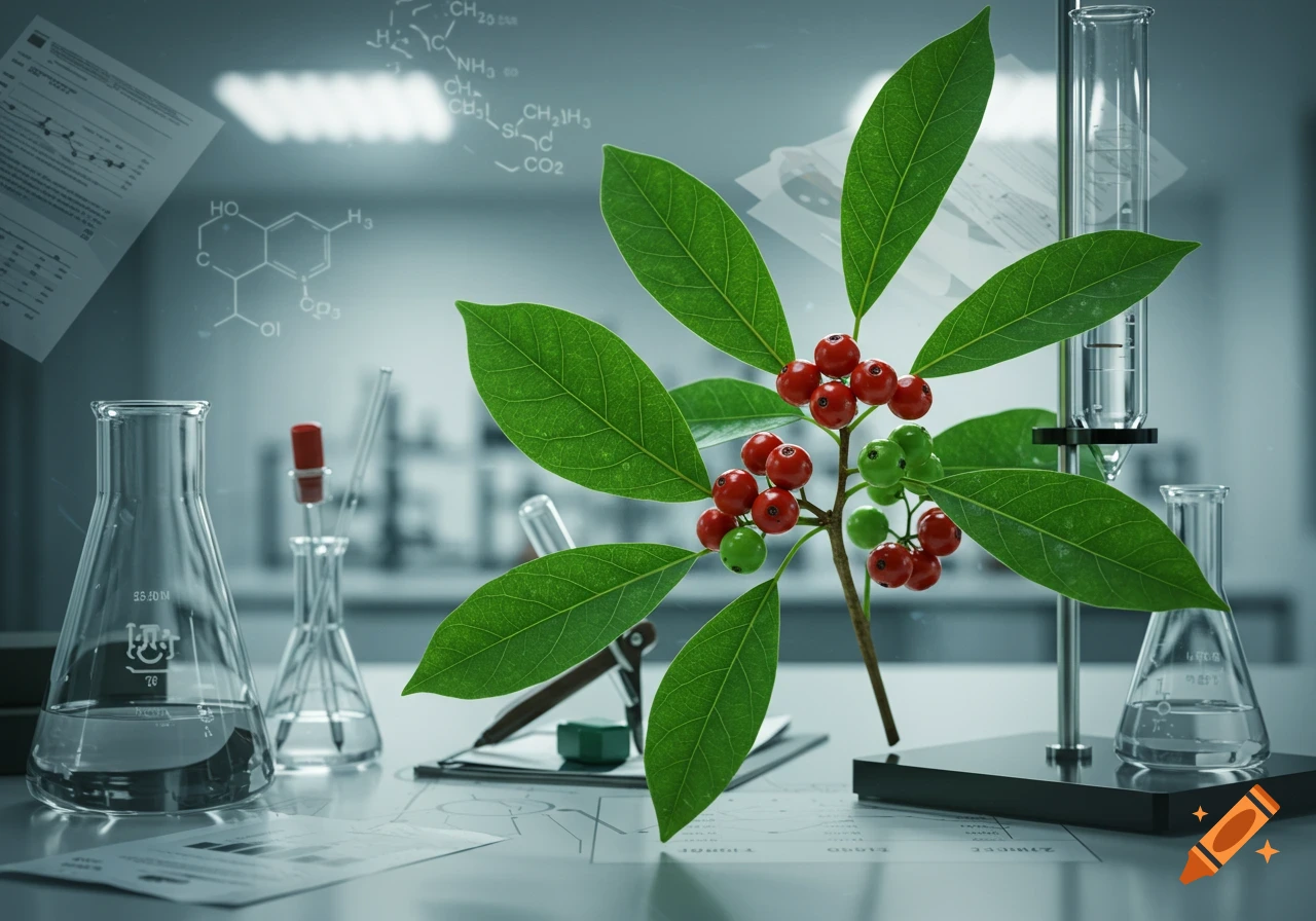 A vibrant plant with red and green berries and large leaves stands in a science laboratory surrounded by beakers, test tubes, and chemical formulas.