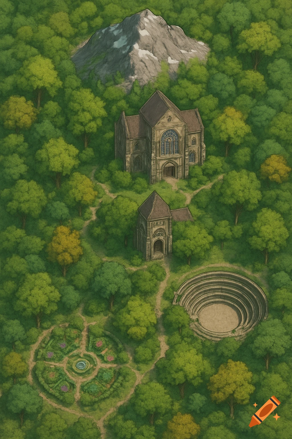 A stylized top-down isometric forest map featuring a mountain peak, a large library, a small building, an amphitheater, and a circular garden.