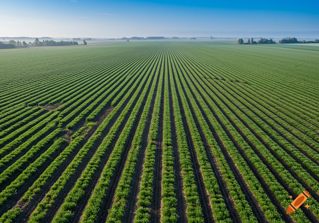 Aerial view of vast green agricultural field with parallel rows of crops under a clear blue sky.