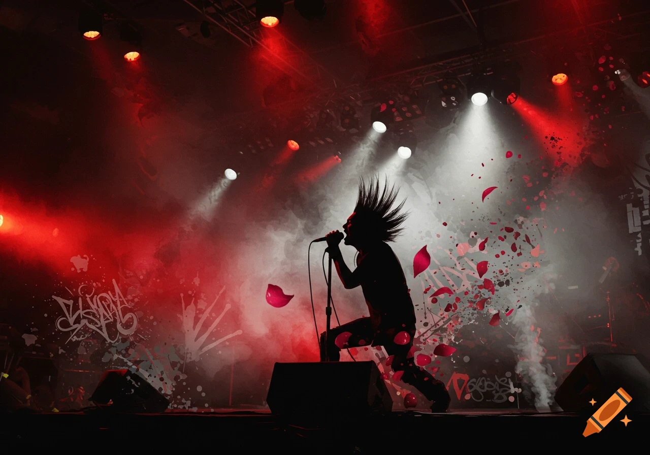 Dramatic silhouette of a spiky-haired singer performing on a stage lit with red and white spotlights, surrounded by smoke and flying red petals.