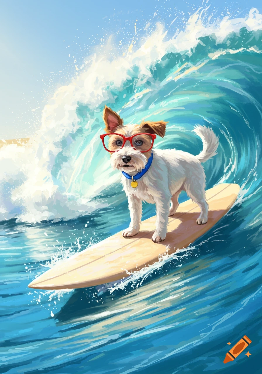 A white dog with a brown head and red glasses surfs on a surfboard on a large blue wave, in an illustration style.