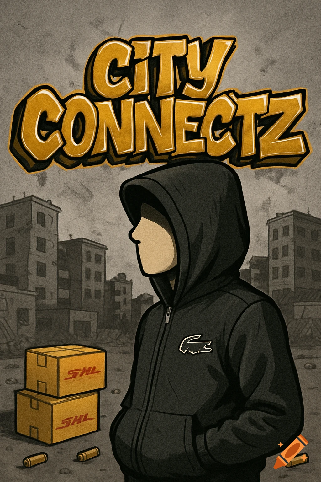A hooded figure in a black tracksuit with a crocodile logo stands in a stylized urban setting with 'CITY CONNECTZ' graffiti, DHL packages, and bullet casings.