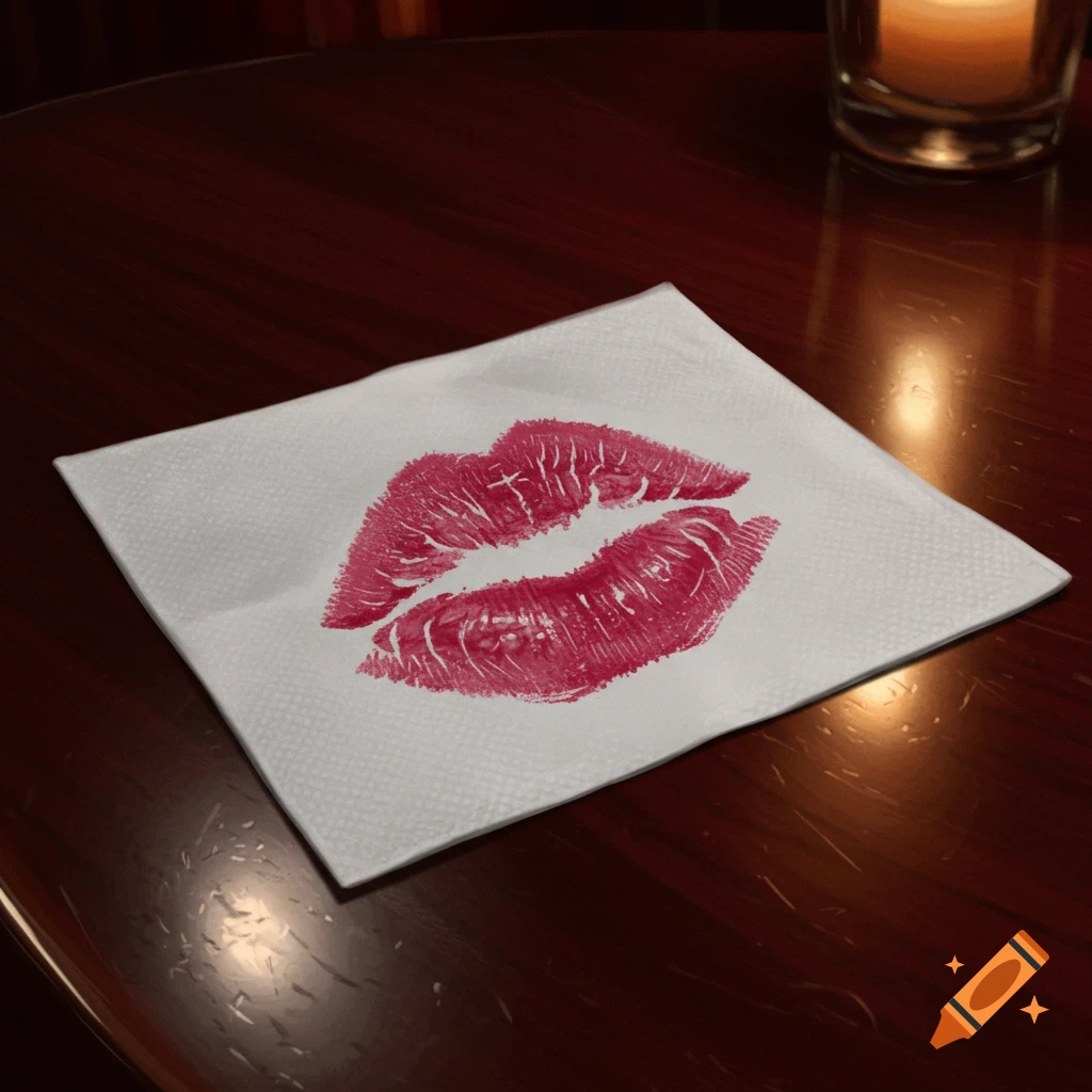 A photorealistic image of a deep red lipstick kiss print on a white napkin on a dark wooden table with a blurred candle in the background.