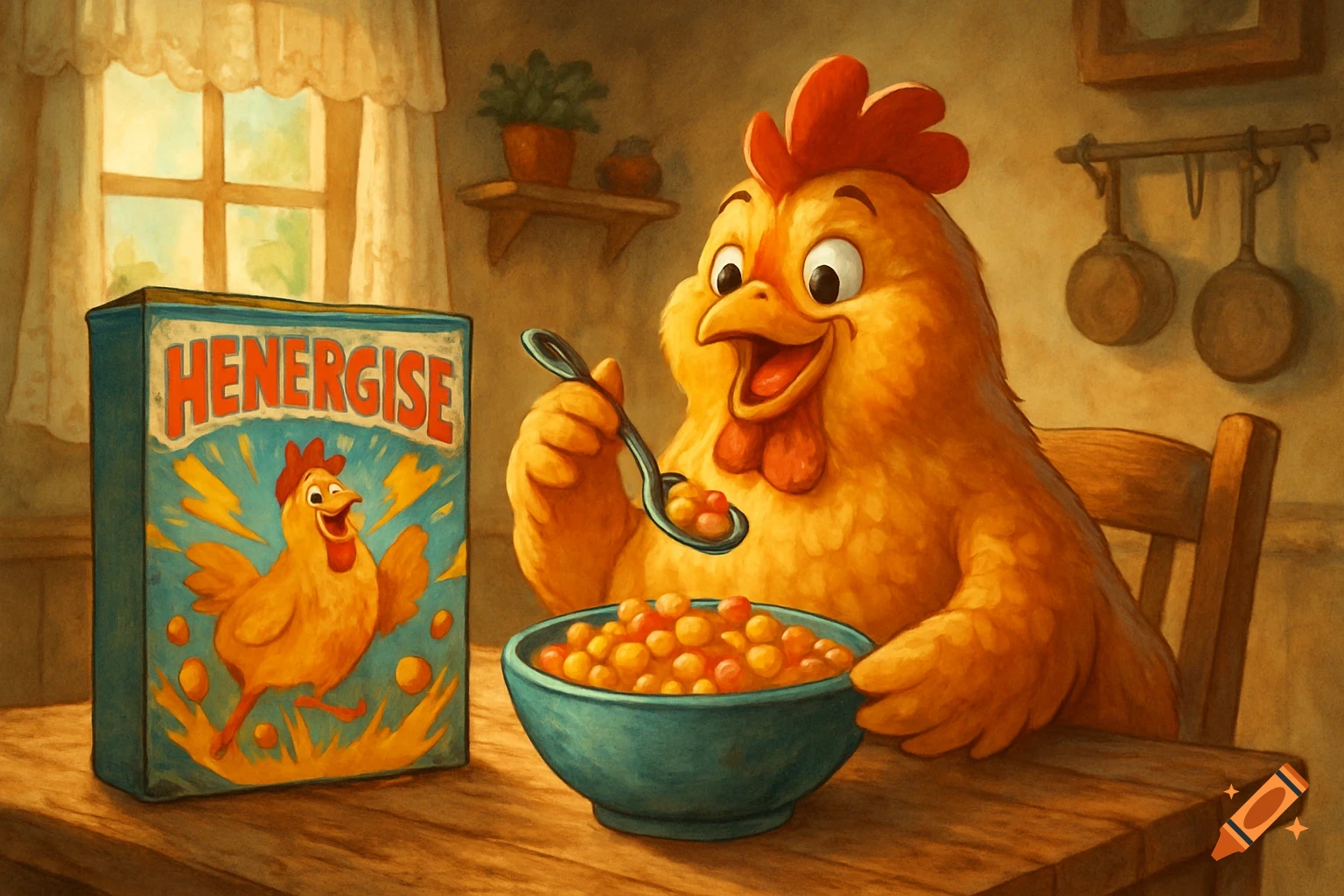 A cartoon chicken happily eating a bowl of cereal at a wooden kitchen table, next to a "HENERGISE" cereal box.