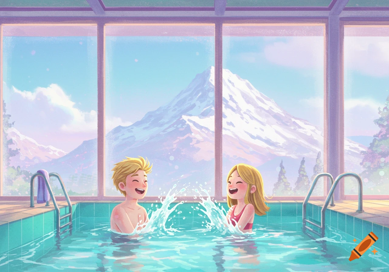A blonde boy and girl splash happily in an indoor pool with a snow mountain visible through a large window, in a Pixar-style illustration.
