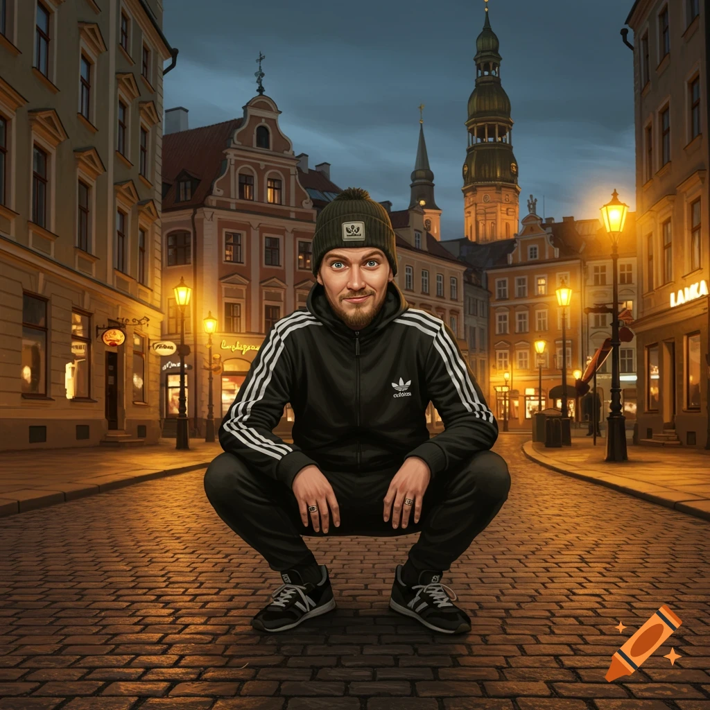Stylized man in a black tracksuit and beanie squatting on a cobblestone street at dusk, with illuminated European buildings in the background.
