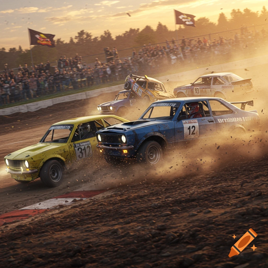 Photorealistic scene of banger racing cars kicking up dust on a dirt track, with one car overturned, as a crowd watches during sunset.