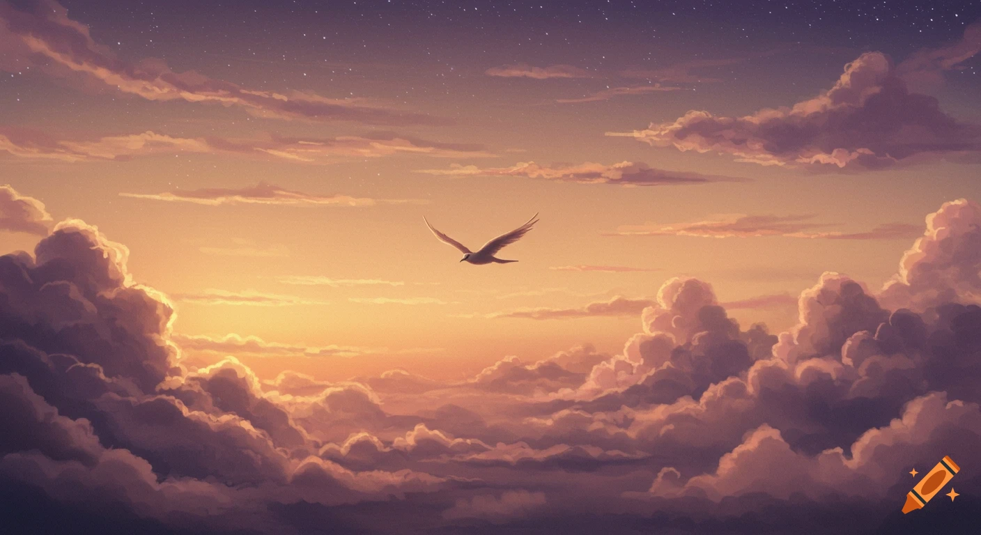 A pastel painting of a bird soaring through a sky filled with warm-toned clouds and stars at sunset.