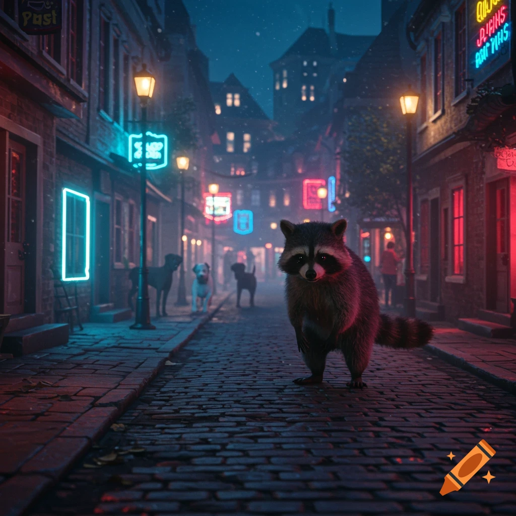 A raccoon stands on a cobblestone street at night, with several dogs in the background. Neon signs illuminate the old city buildings.