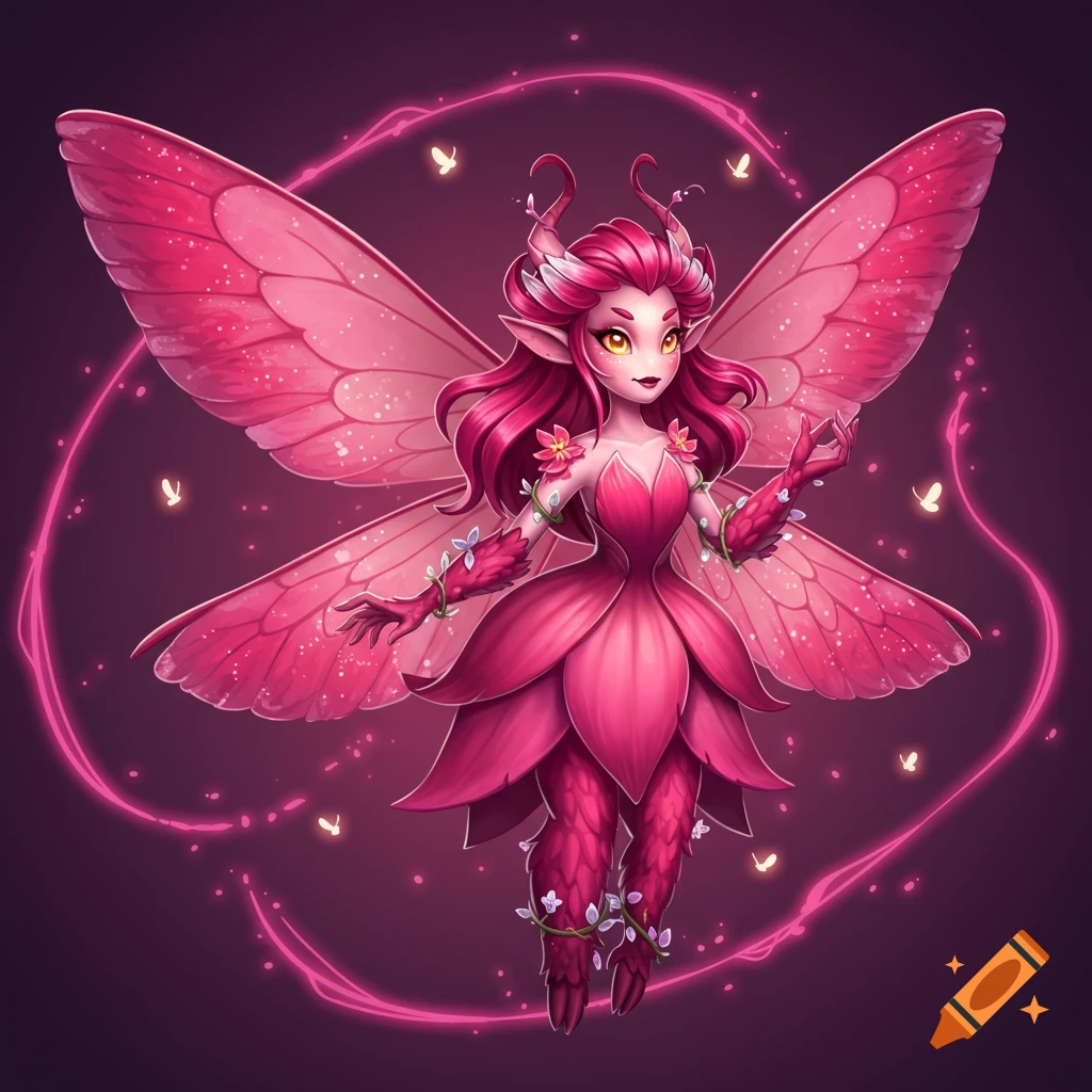 A stylized fuchsia fairy with large pink wings, horns, and a layered petal dress, surrounded by a pink aura and glowing butterflies.