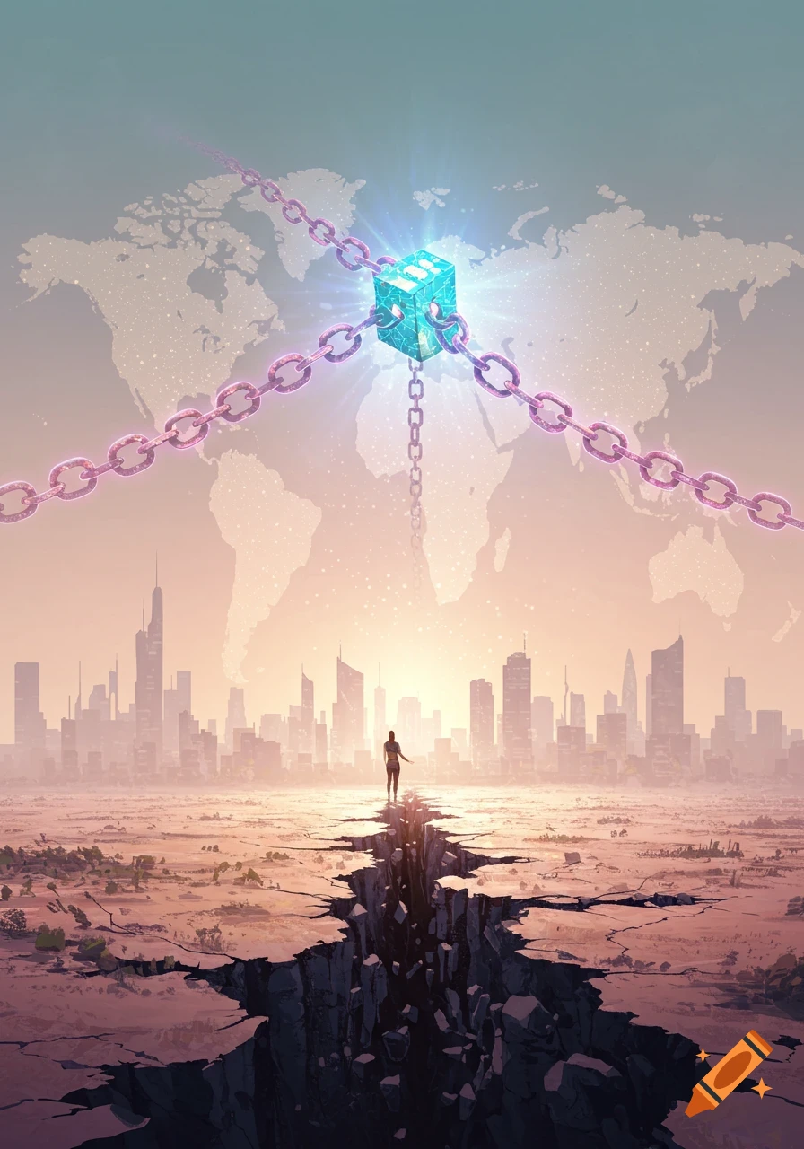 A person stands on a cracked earth looking at a futuristic city, while a glowing digital cube connected by chains floats above a world map.