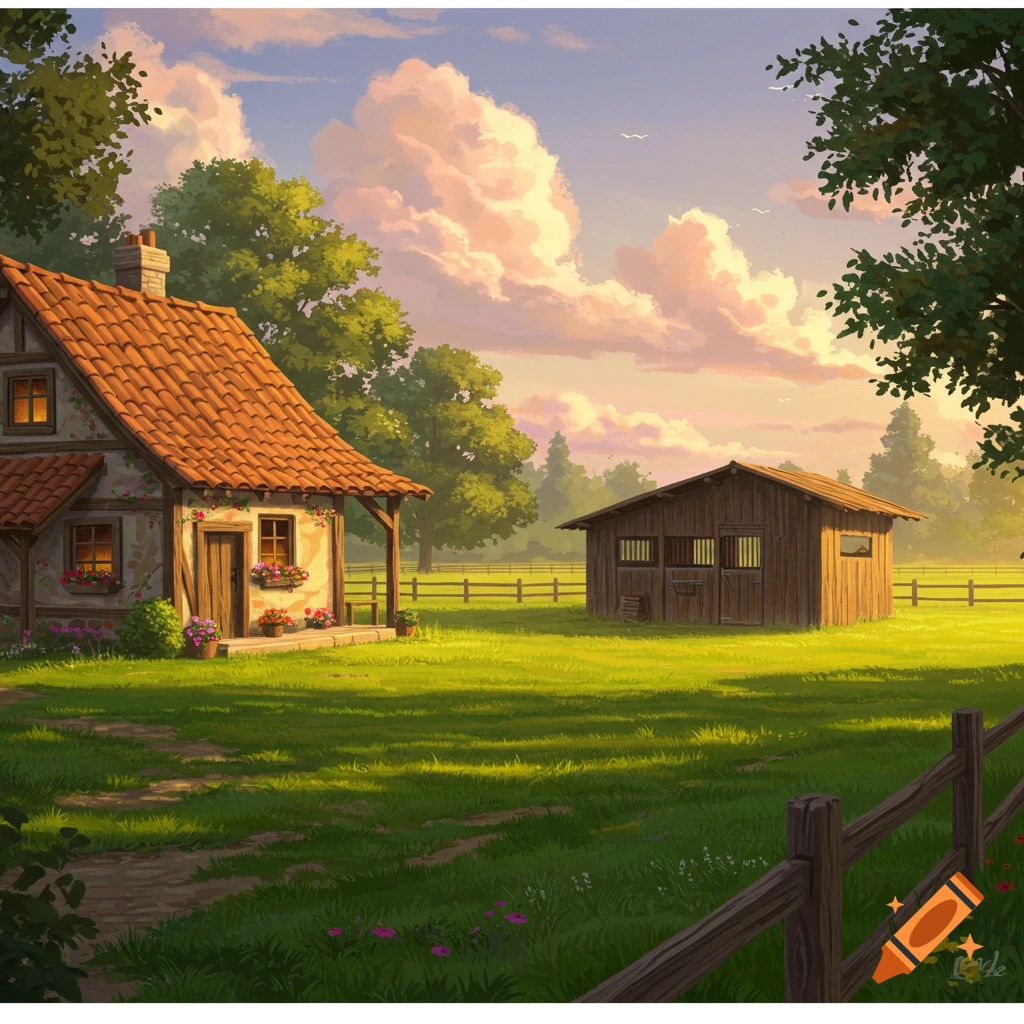 Digital painting of a cozy country house and a wooden barn in a sunlit green field with a fence.