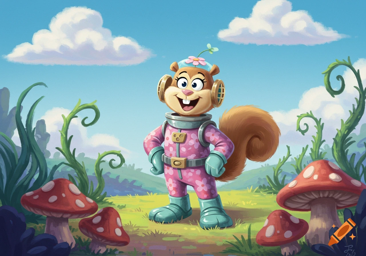 Sandy Cheeks in a pink astronaut suit stands in a whimsical field with giant mushrooms under a blue sky, in a cartoon style.