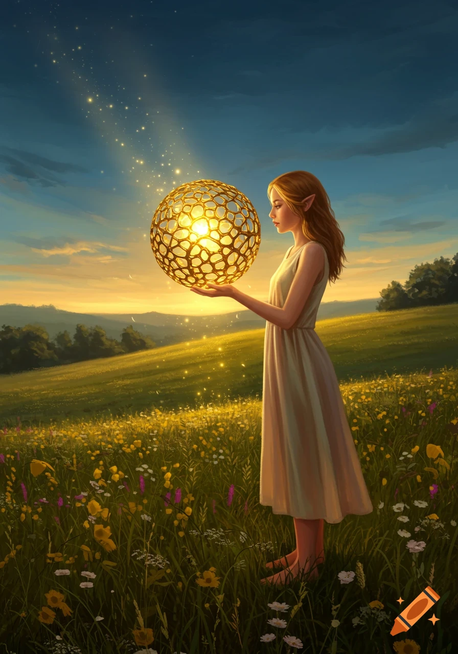 A fantasy woman with elf ears stands in a sunlit meadow, holding a glowing golden orb.