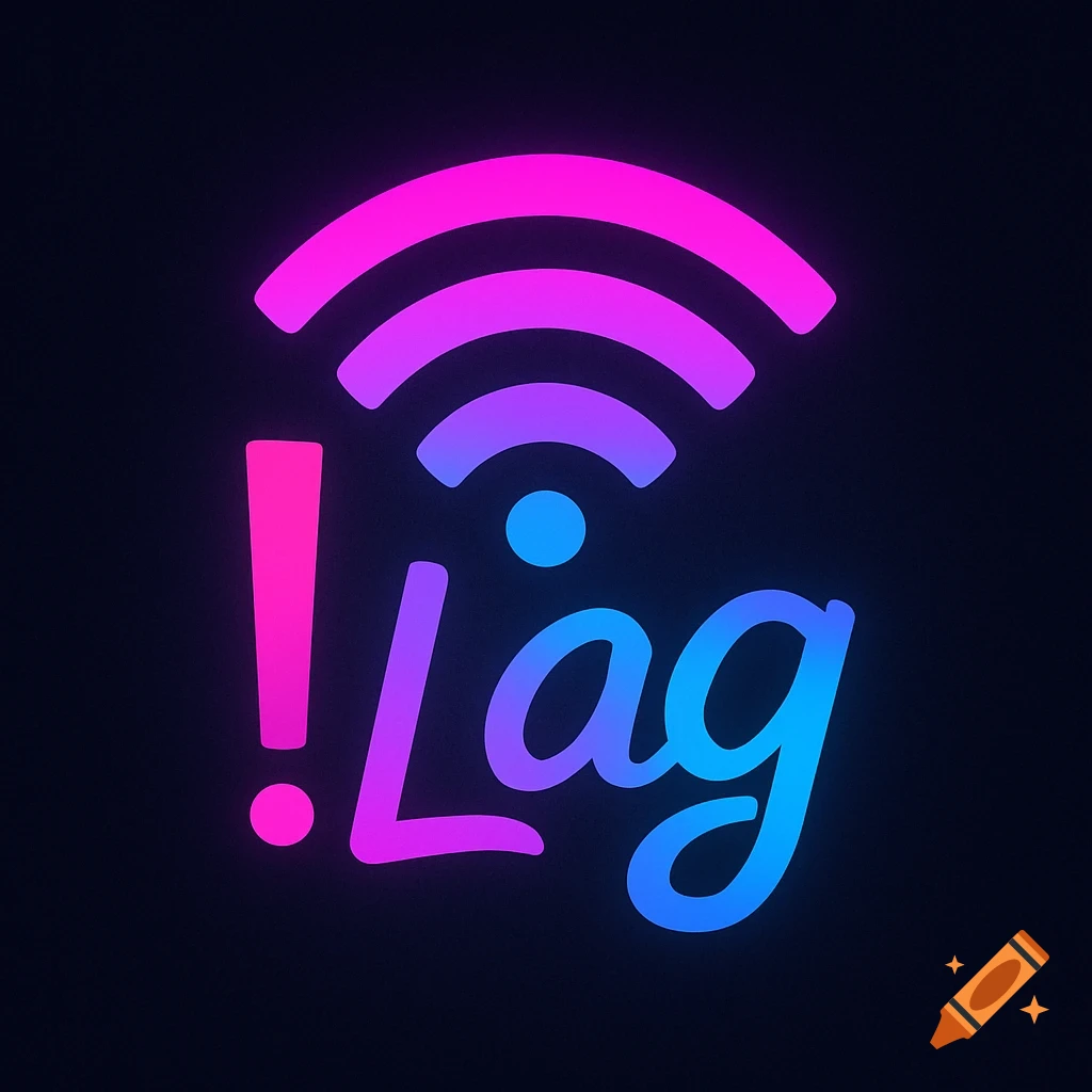 Vaporwave minimalist logo with neon pink, purple, and blue Wi-Fi symbol and 'Lag' text with an integrated exclamation point.