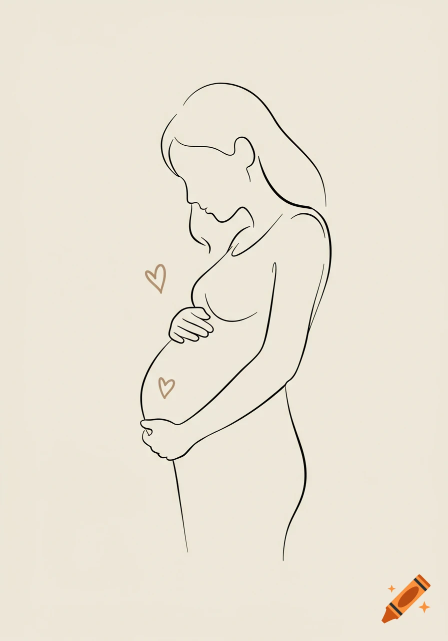 Minimalist line art illustration of a faceless pregnant woman holding her baby bump, with two small hearts, on a cream background.
