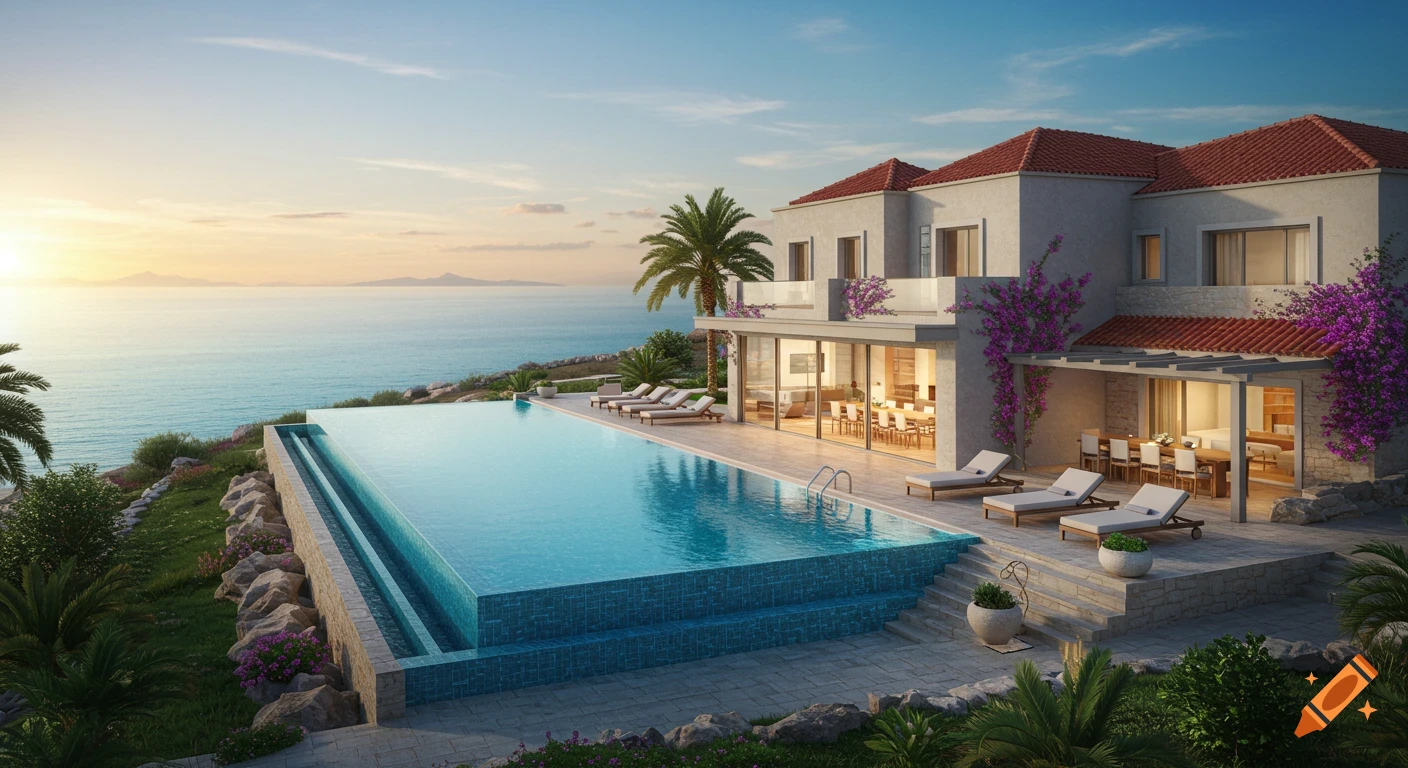 A luxurious Greek Mediterranean villa with red tiles, an infinity pool overlooking a calm ocean at sunset, surrounded by lush greenery.
