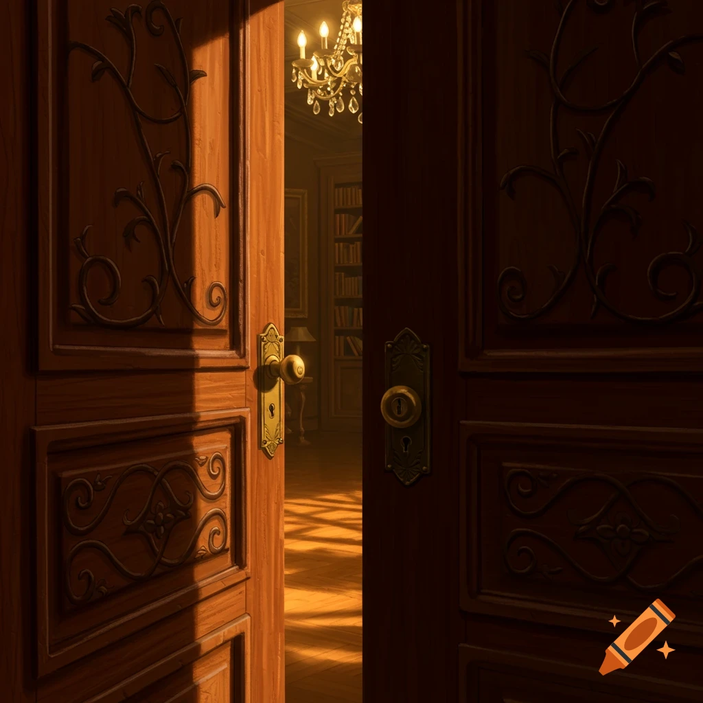 View through an ornate wooden door partially open to a dimly lit room with a chandelier and bookshelves, light on the floor.