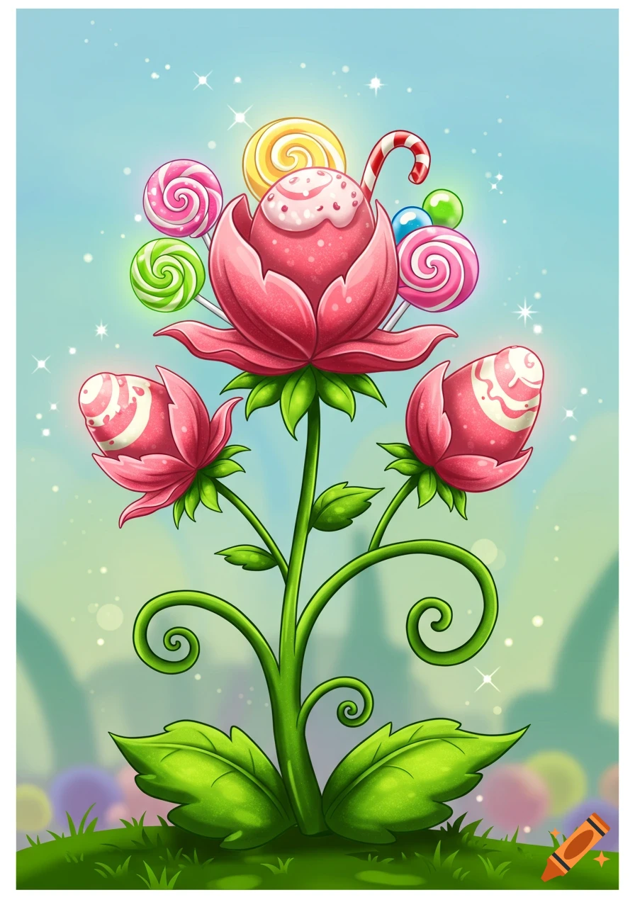 A whimsical plant with pink flowers that look like candy, surrounded by colorful lollipops and a candy cane, in a cartoon illustration style.