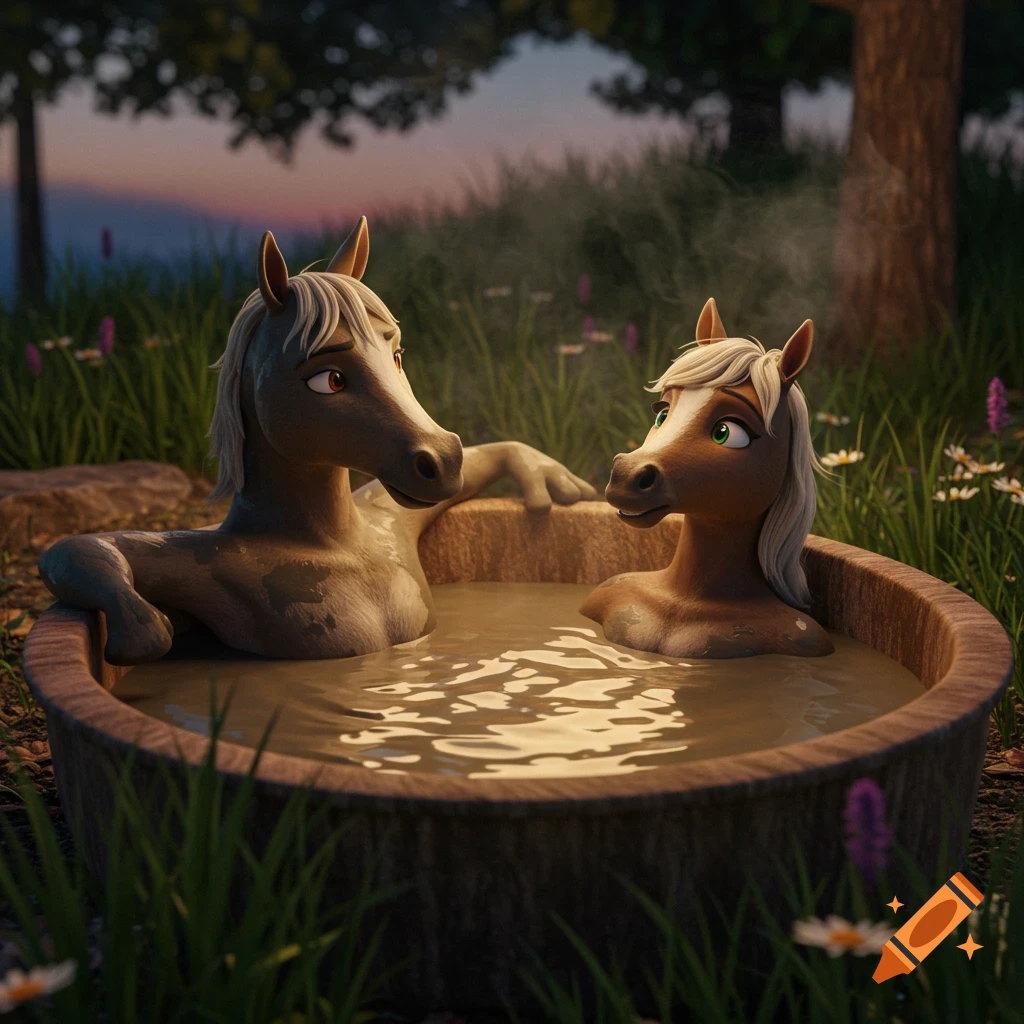 Two anthropomorphic horses relax in a steaming wooden hot tub in a lush outdoor setting, 3D animation.