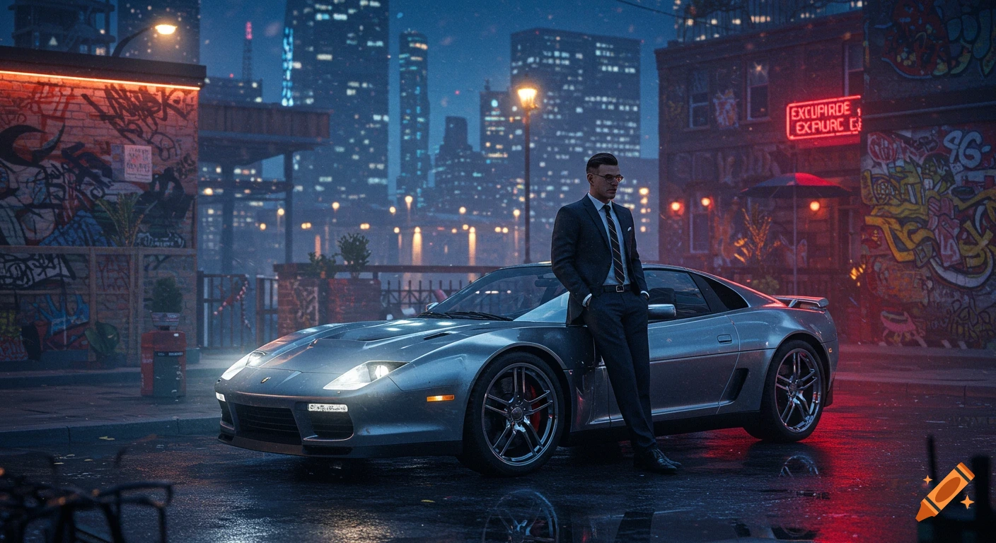 A sharply dressed man leans on a sleek silver sports car on a wet city street at night, with neon lights and graffiti in the background.