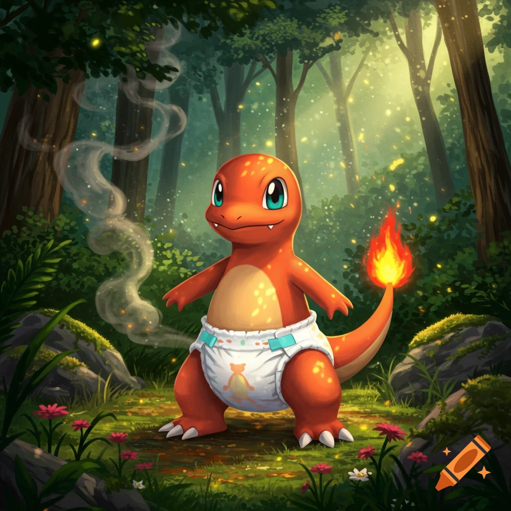 An illustration of a cute, diaper-wearing Charmander standing in a sunlit, lush fantasy forest.