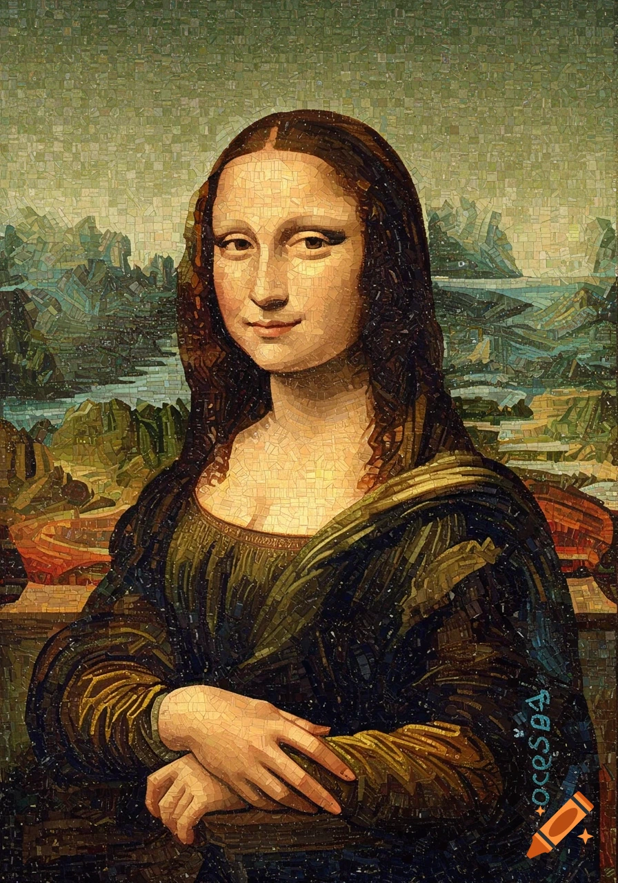A mosaic portrait of the Mona Lisa, depicting her with a subtle smile against a distant landscape background.