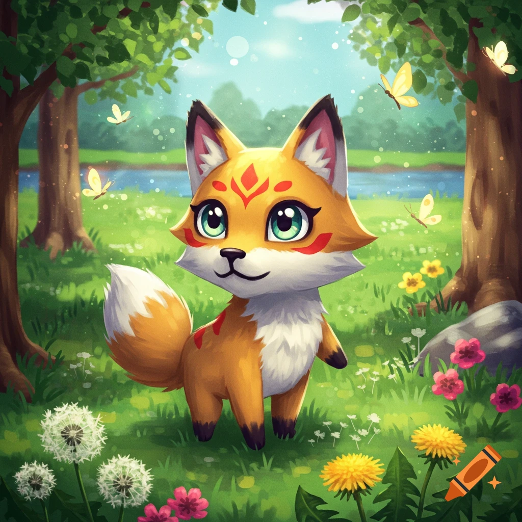 A cute cartoon fox-like creature with green eyes and red markings stands in a vibrant green forest with dandelions and butterflies.