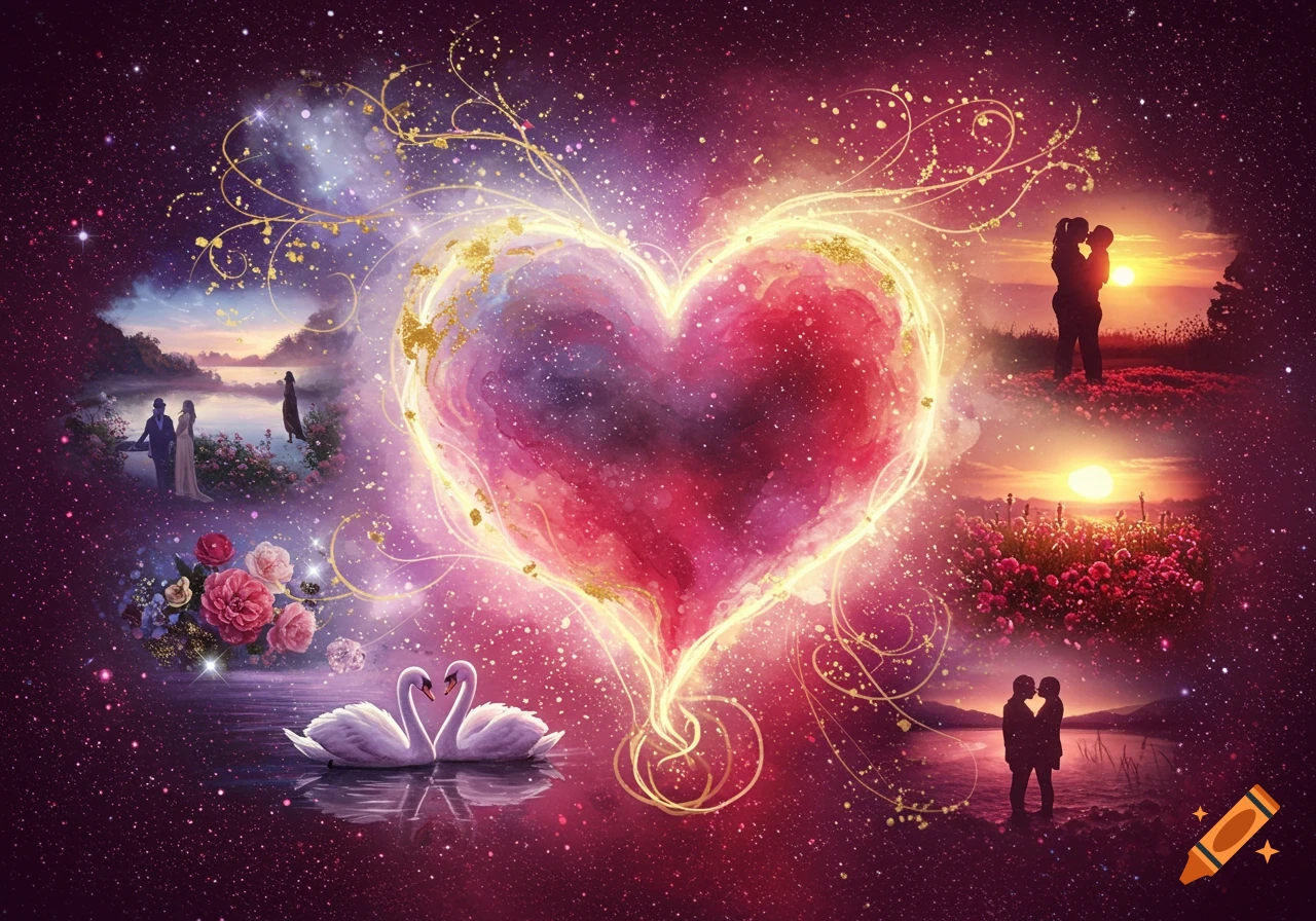 Dreamlike collage of romantic scenes: couples, swans, and flowers, around a glowing heart against a starry galaxy background.