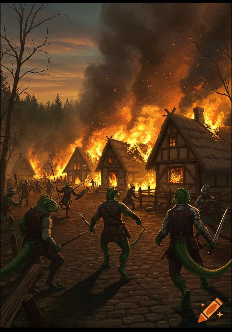 Lizardfolk warriors attack a burning medieval village at dusk, surrounded by flames and smoke in a fantasy illustration.