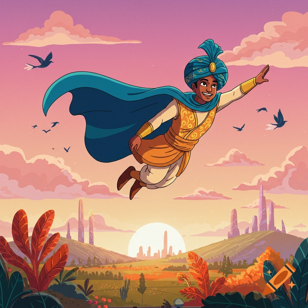 A cartoon Indian superhero in a turban and blue cape flies over a vibrant, stylized landscape with futuristic towers at sunset.