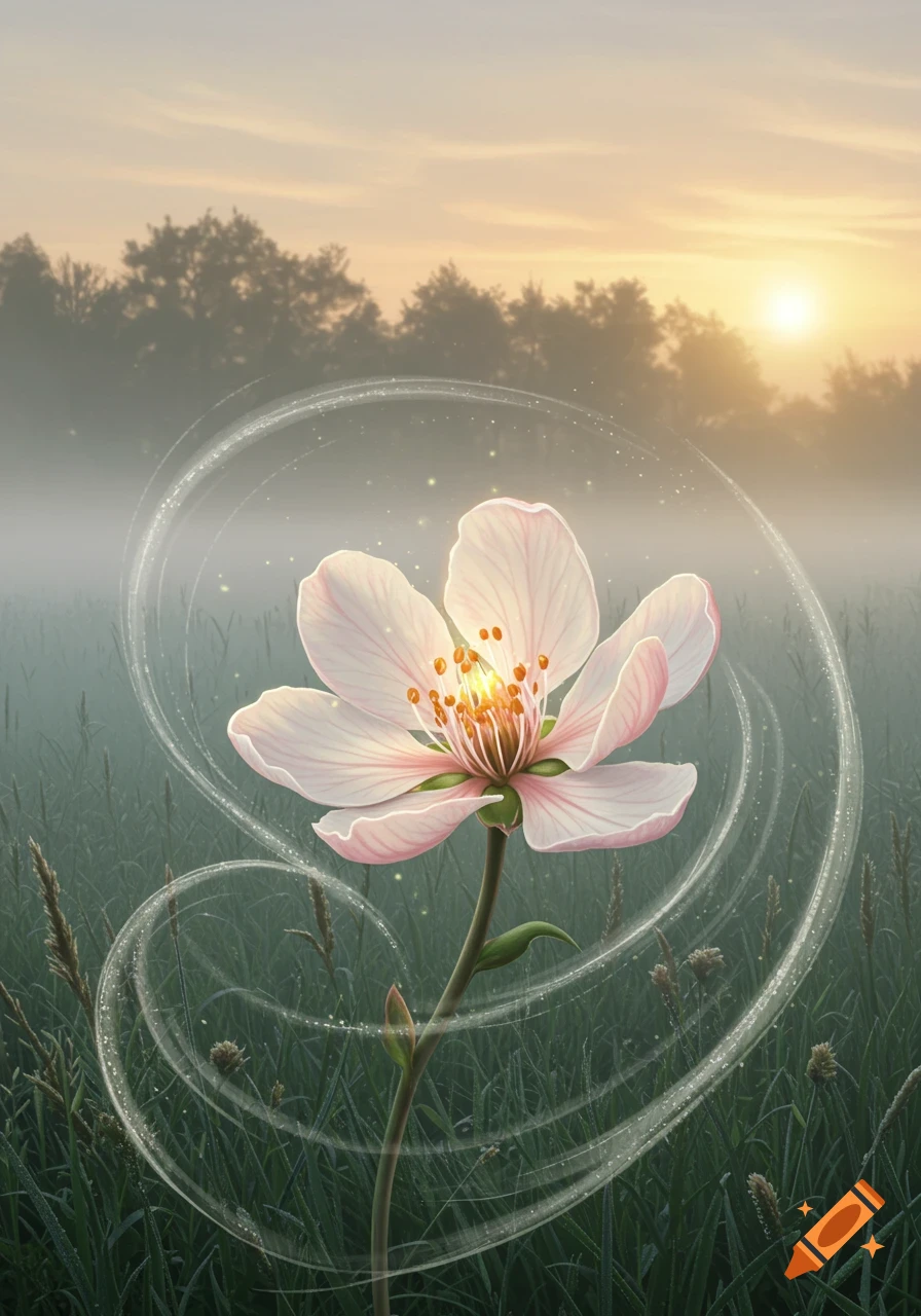 A glowing pink flower with swirling light stands in a misty field at sunrise.