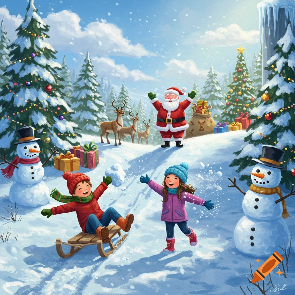 A vibrant illustration of children playing in the snow, with Santa, reindeer, and snowmen in a festive winter wonderland.