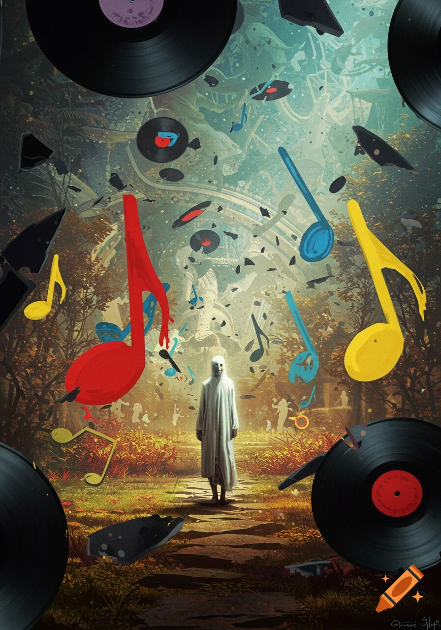 A cloaked figure stands on a path surrounded by floating vinyl records and colorful musical notes in a surreal, dreamlike forest.