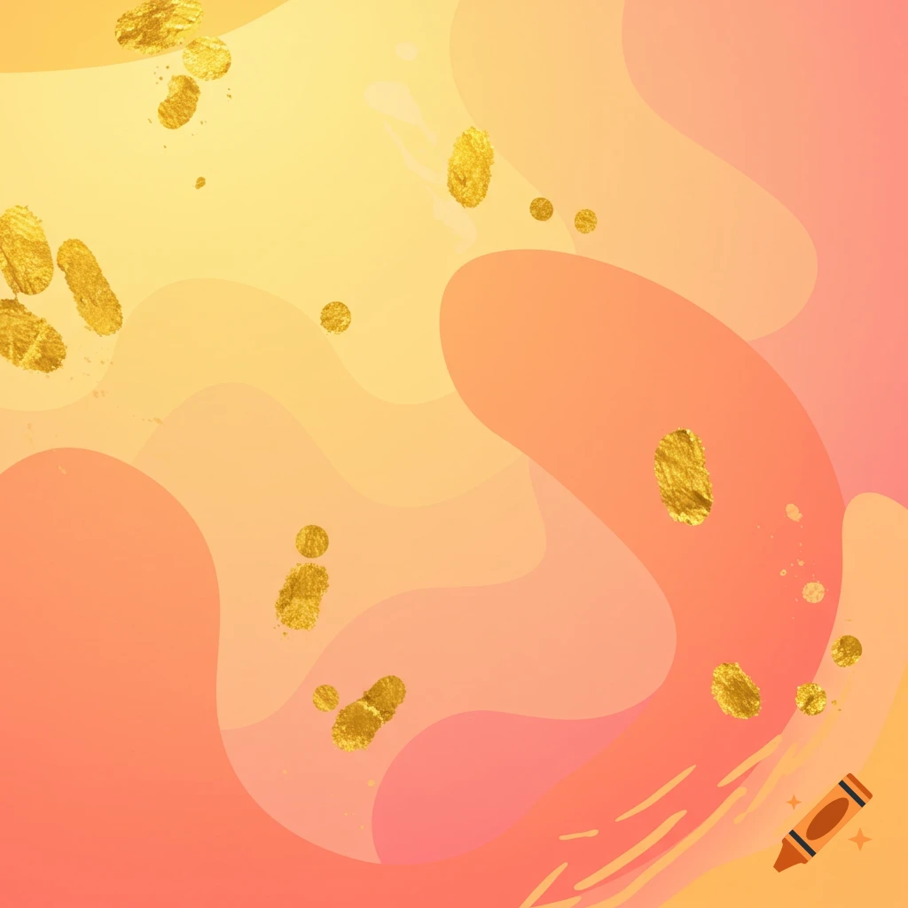 Abstract background with fluid orange, yellow, and pink shapes, accented with textured gold specks.