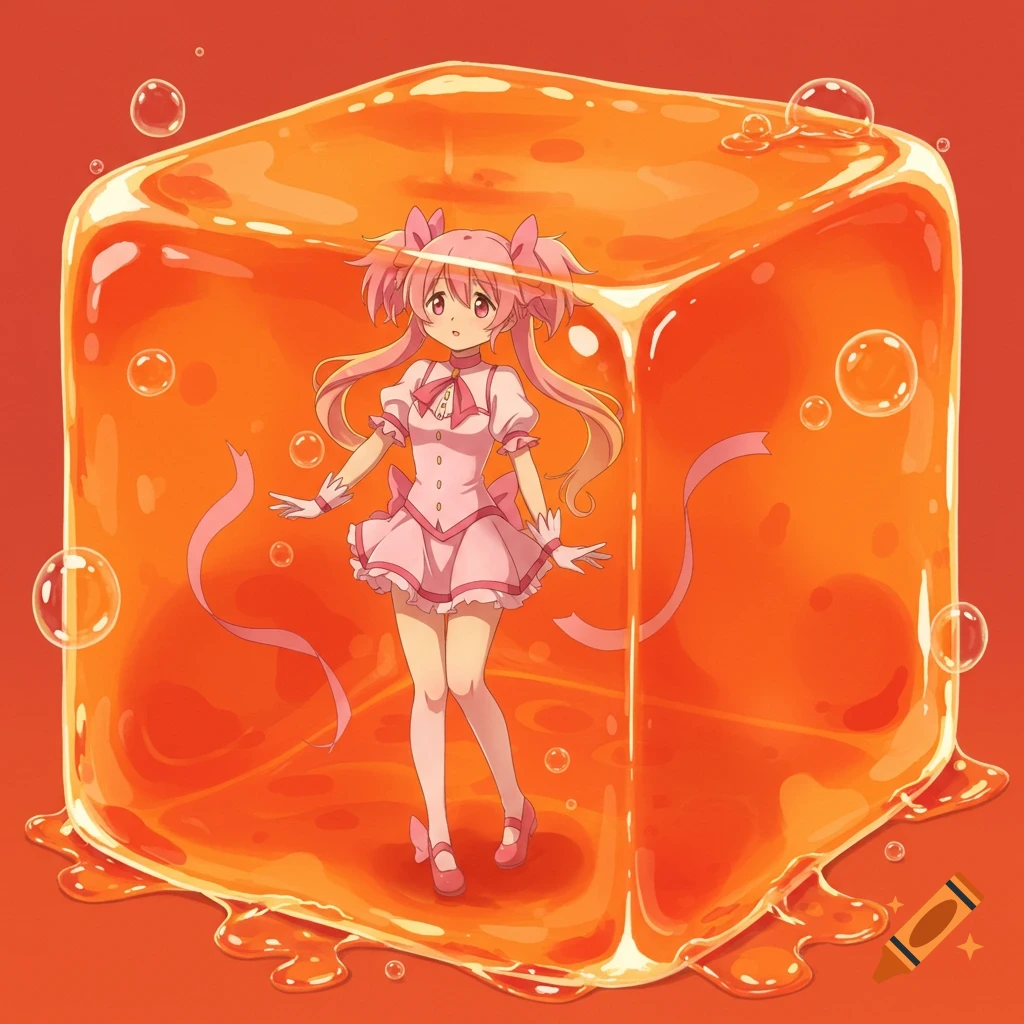 An anime girl in a pink dress stands inside a large, translucent orange jello cube with bubbles.