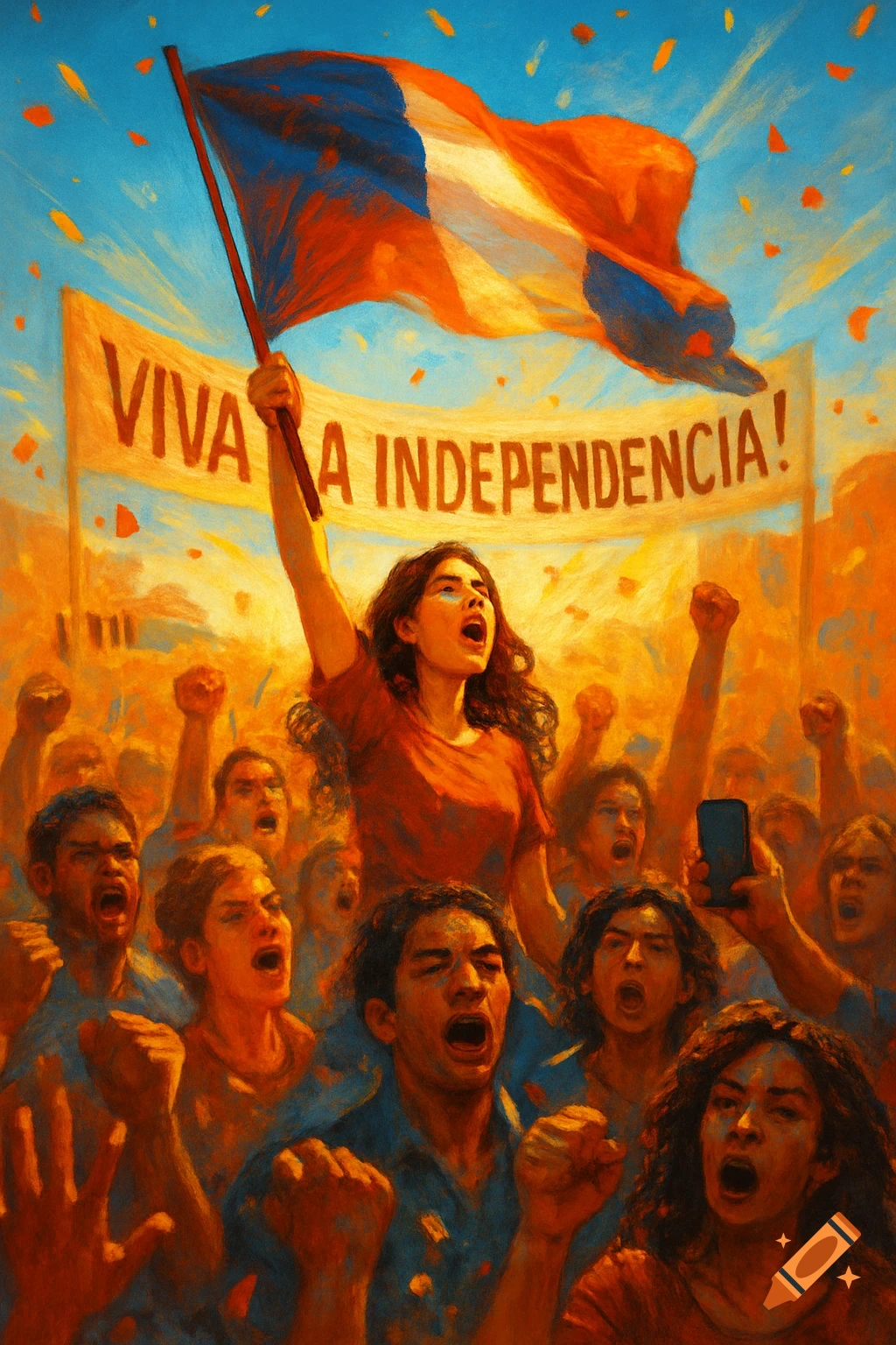 A painted crowd cheers under a banner reading "VIVA A INDEPENDENCIA!" with a flag waving overhead, in an expressionist style.