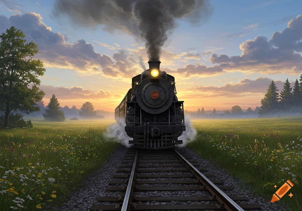 A black steam locomotive with a bright headlight travels down a track through a vibrant green field at sunrise or sunset.