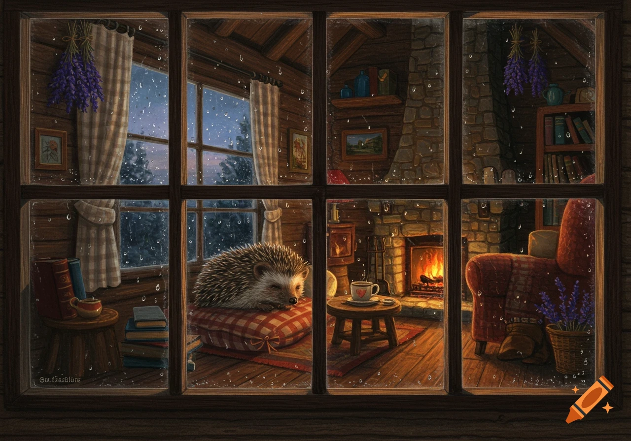 A peaceful painting viewed through a rainy window shows a hedgehog sleeping on a cushion inside a warm cabin with a lit fireplace.
