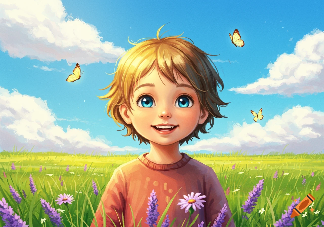 A smiling cartoon child with blonde hair and blue eyes stands in a vibrant green field with purple flowers and butterflies under a blue sky.
