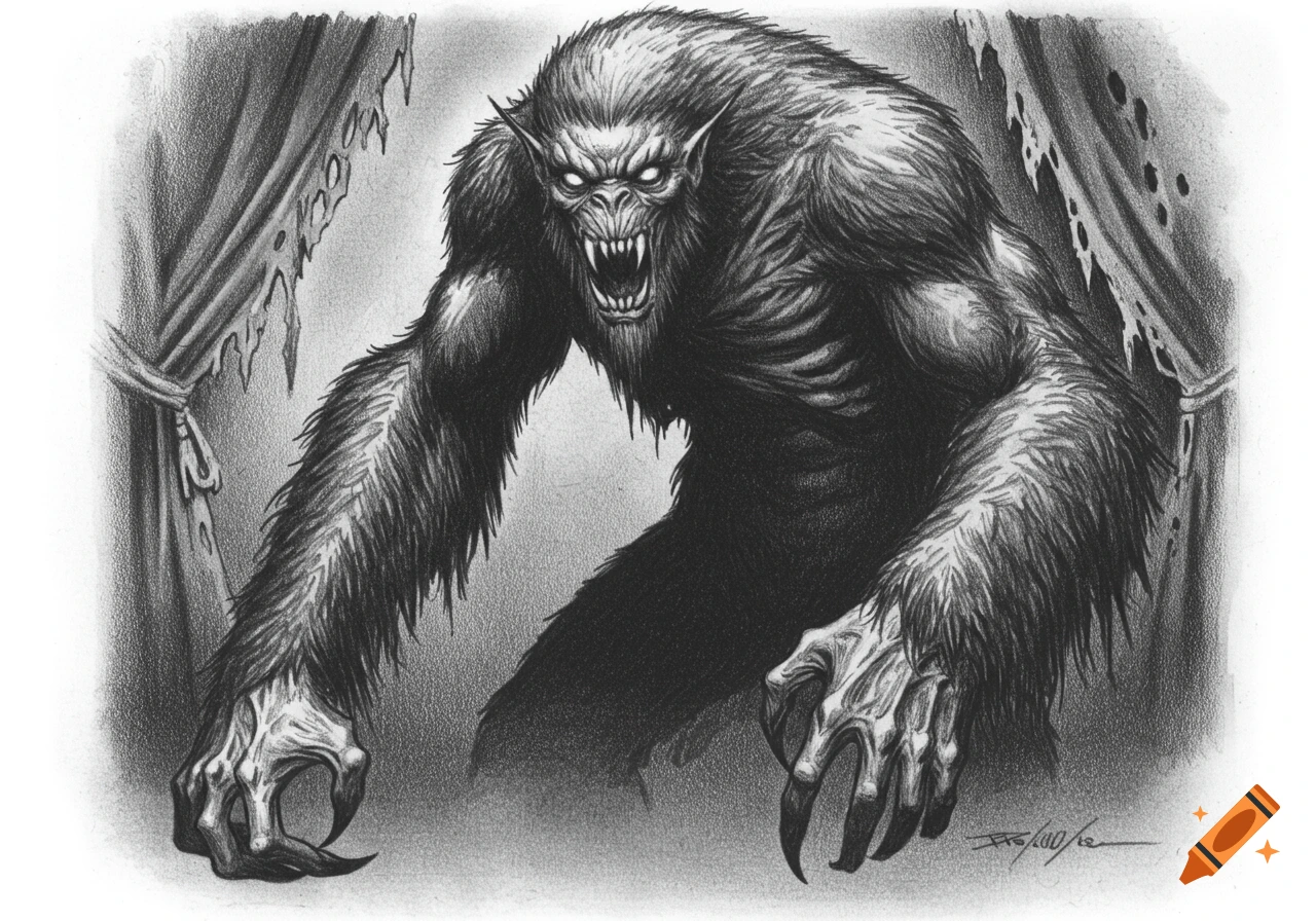 Pencil sketch of a terrifying, hunched, furry monster with glowing eyes, bared fangs, and huge claws in a gothic scene.