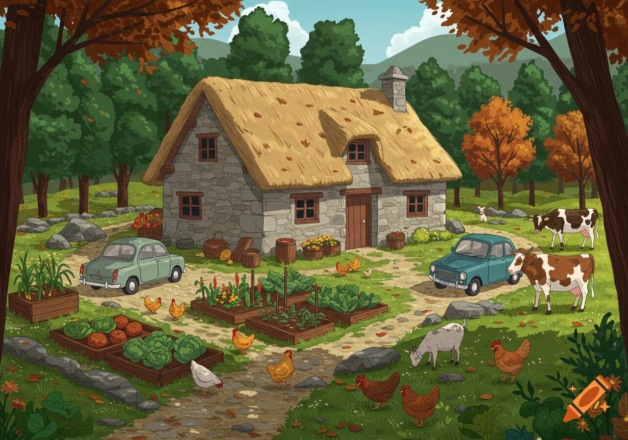 A friendly illustration of a cozy stone house with a thatched roof, surrounded by a garden, farm animals, and two vintage cars in an autumn rural landscape.