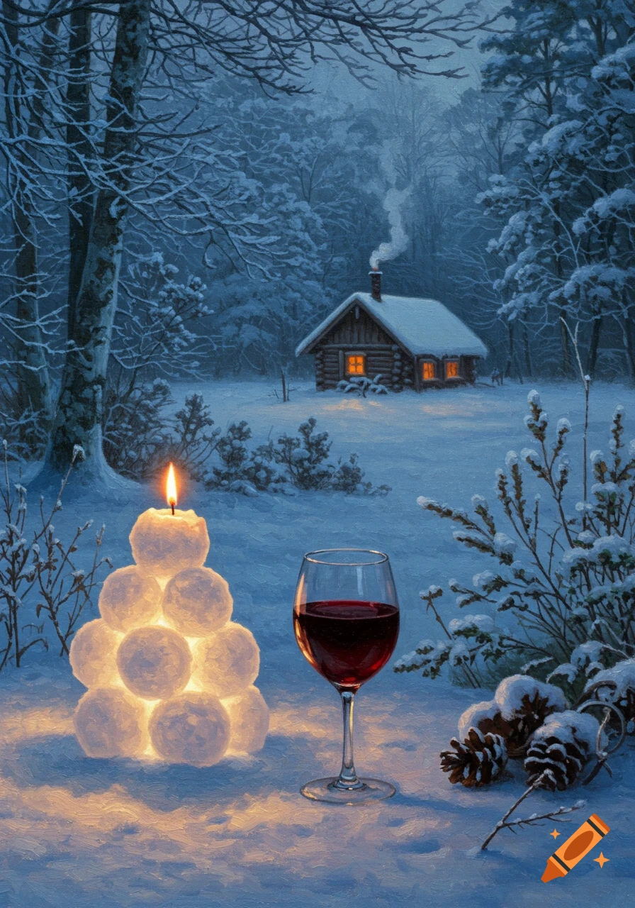 An oil painting of a glowing snow lamp and a glass of red wine in a serene snowy forest with a rustic cabin.