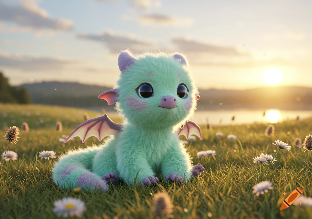A cute, fluffy mint-green baby dragon with purple details sits in a sunny field of green grass and white daisies.
