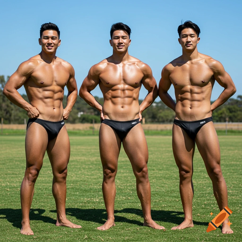 Three muscular men in black speedos stand shirtless on green grass under a clear blue sky, smiling at the viewer.
