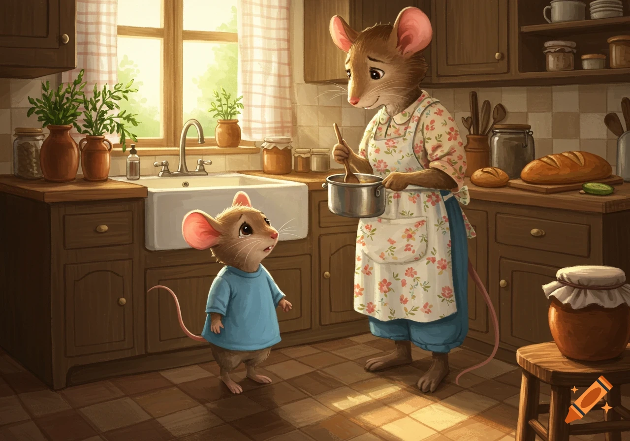 An anthropomorphic child mouse in a blue shirt looks up sadly at an adult mouse stirring a pot in a cozy kitchen, illustration style.