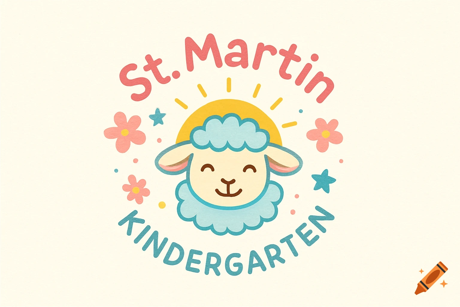 A cute cartoon logo for St. Martin Kindergarten featuring a smiling lamb's head, sun, and flowers.
