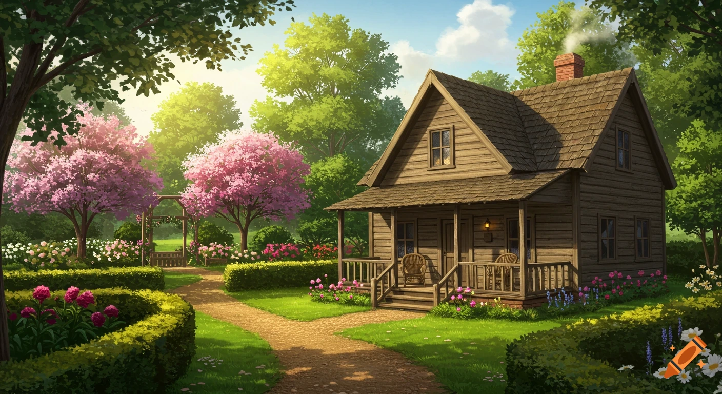 A charming wooden house with a porch is nestled in a lush, idyllic garden with pink flowering trees and a gravel path on a sunny day.