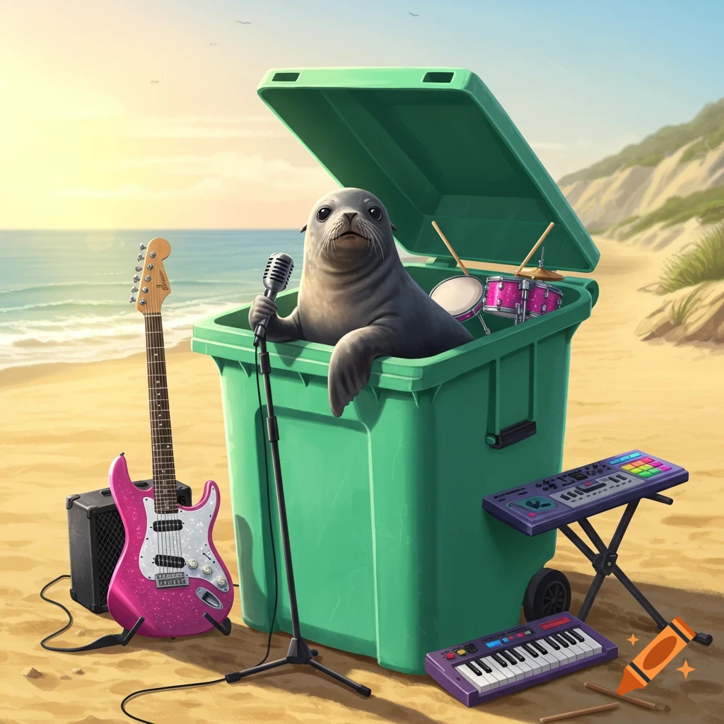 A cute seal sings into a microphone from a green trash bin on a sunny beach, surrounded by musical instruments.