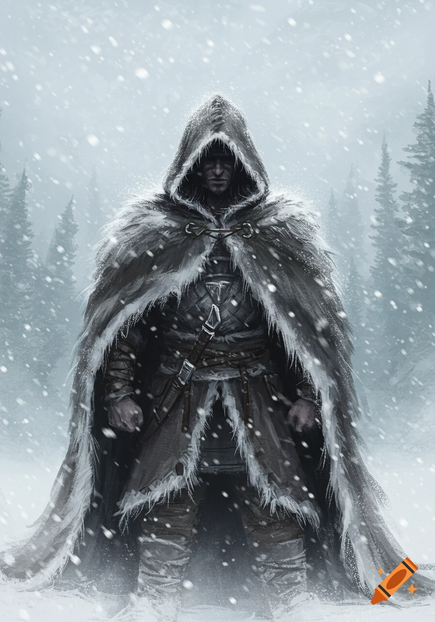 A cloaked man in fur-trimmed armor stands in a snowy forest during a heavy snowfall, sword at his side.